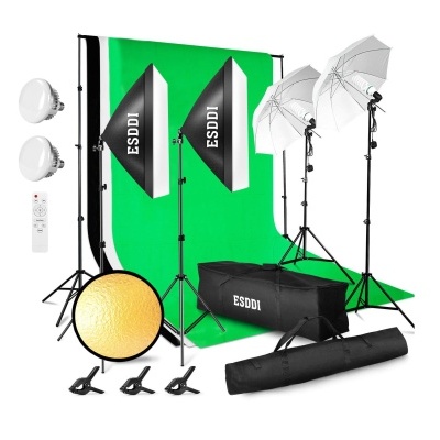 Kit estúdio completo softboxes LED bi color + fundos e luzes