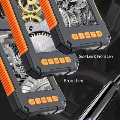 aparelho de inspeção com ecrã, botões laranja e sonda com luz LED para inspeção de engrenagens