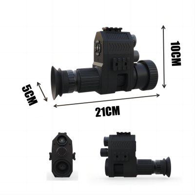 Aparelho óptico preto com lentes e botões em três vistas com dimensões em fundo branco