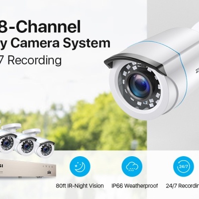 Sistema de câmeras de segurança ZOSI 8-Channel com quatro câmeras e gravador