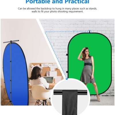 Fundos fotográficos portátil azul e verde com suportes pretos num ambiente de estúdio fotográfico