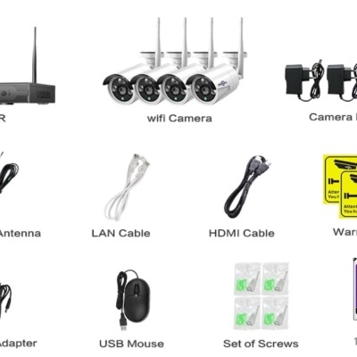 Kit de segurança com NVR wifi, câmaras, cabos, adaptadores, autocolantes de aviso e disco rígido 1TB.