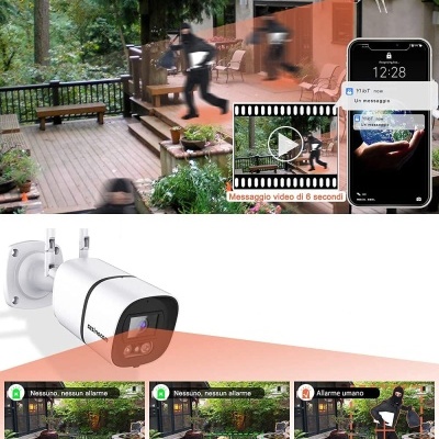Câmara de segurança branca a monitorizar jardim com notificações em smartphone