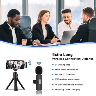 Microfone lavalier 2 em 1 para iOS/Android lapela plug & play Auto-Sync