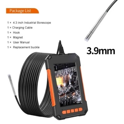 Borescópio industrial com cabos pretos, ecrã com moldura preta e detalhes laranja, mostrando imagem interna e texto '3.9mm'