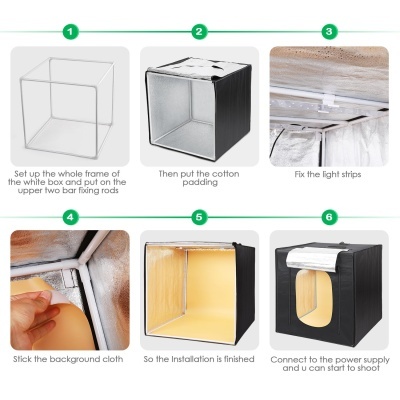 Etapas da montagem e uso de uma caixa de luz para fotografia