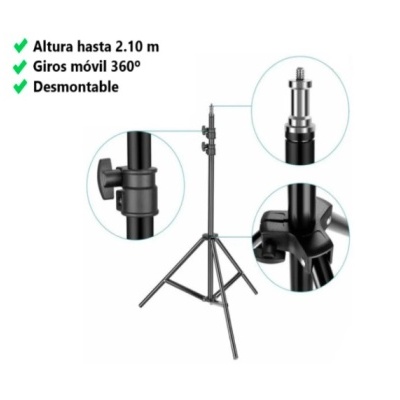 Tripé preto ajustável em metal para suporte com altura até 2,10 m e giros móveis