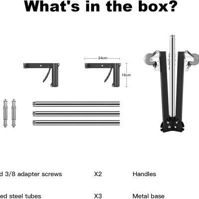 Componentes de suporte metálico com alças, tubos e base, com texto explicativo das peças