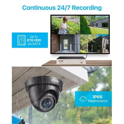 Câmara de vigilância preta ZOSI à prova de água IP66 com gravador e ecrã de monitorização.