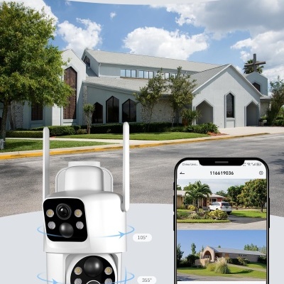 Câmara de segurança solar dupla lente branca com smartphone mostrando imagens de segurança