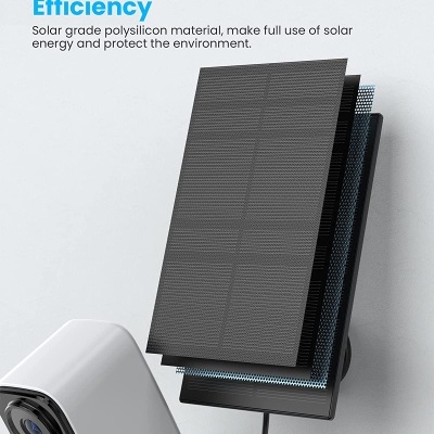 Painel solar preto e câmara de vigilância branca instalados numa parede com texto explicativo acima