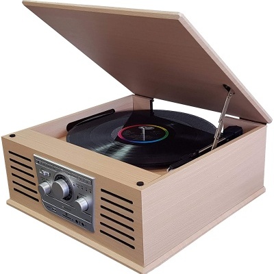 Gira discos cor madeira com encoding, Bluetooth, leitor CD, cartão memória