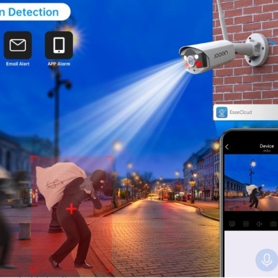 Câmara de vigilância branca com deteção de movimento e smartphone mostrando imagem captada