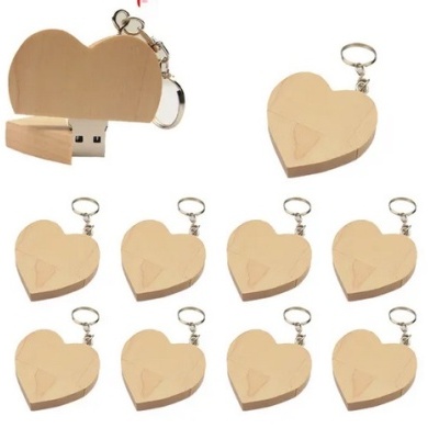 Pen drive 10 un. madeira coração gravação logótipo personalizável