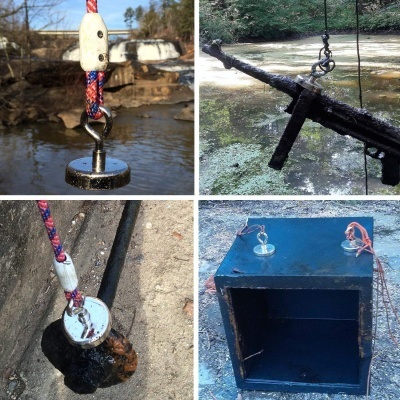 Conjunto de quatro imagens de pesca magnética com imãs de metal em cordas coloridas em ambientes exteriores.