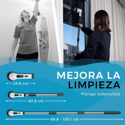 Esfregão com cabo extensível em diferentes comprimentos e texto promocional em espanhol.