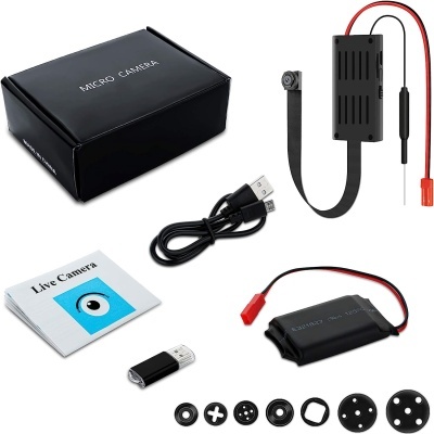 Conjunto de microcâmara com vários acessórios e embalagem preta