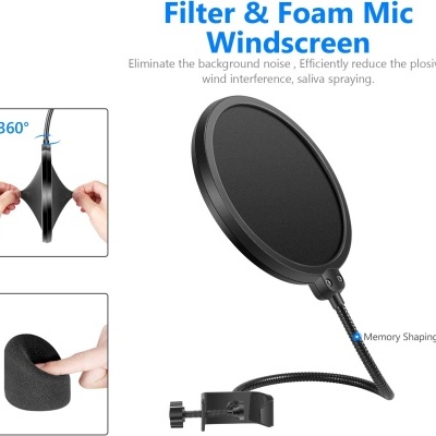 Microfone condensador + acessórios e fonte de alimentação