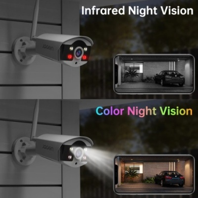 Câmaras de segurança com visões noturnas em infravermelho e a cores mostradas num smartphone