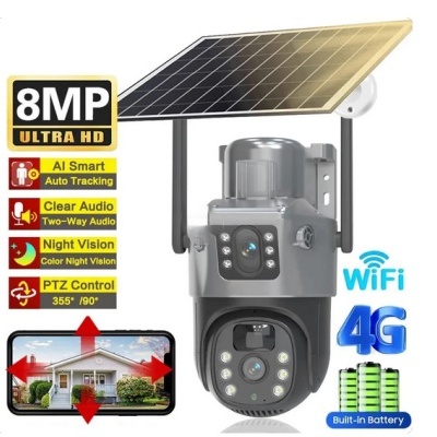 Câmara vigilância solar 4G rotativa 360º app V380 dupla lente