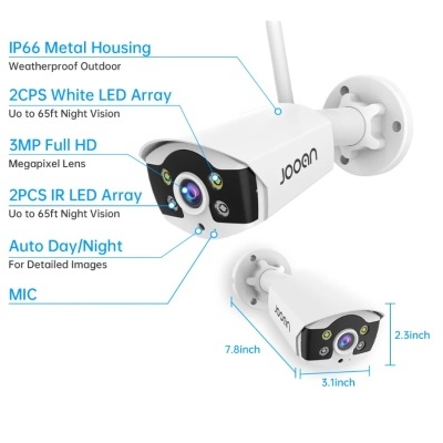 Câmaras de segurança brancas com descrição de características técnicas