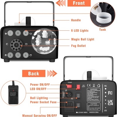 Máquina de fumo com bola de luzes LED RGB, 600W Fog Machine, 2300 CFM