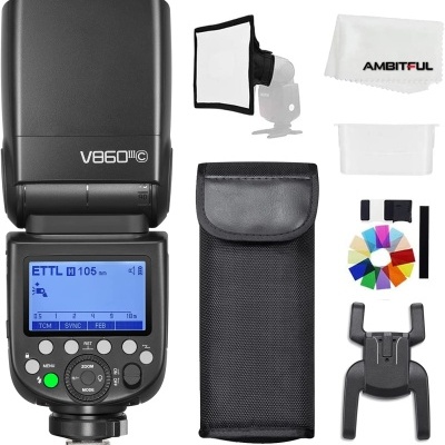 Conjunto de flash fotográfico V860II com acessórios para fotografia