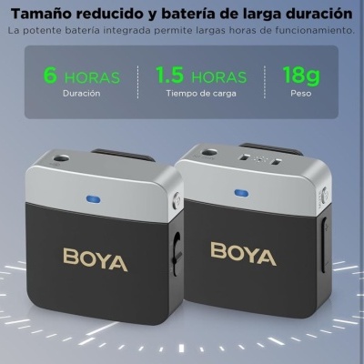 Dispositivos eletrônicos BOYA compactos preto e cinza com texto dourado