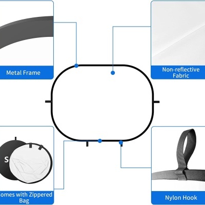Detalhes de refletor fotográfico oval com estrutura metálica, tecido branco, bolsa com fecho e gancho de nylon.