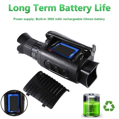 Dispositivo óptico preto com bateria recarregável e texto sobre duração da bateria