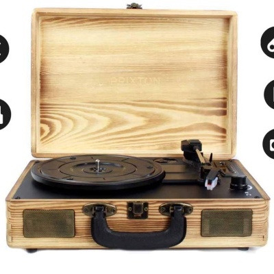 Cópia de Gira discos portátil mala em madeira ou pele Bluetooth e USB