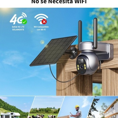 Câmara de vigilância com painel solar e antenas instalados em madeira com texto sobre compatibilidade 4G LTE e imagens de uso ao ar livre