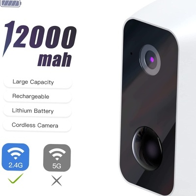 Câmara sem fios branca com lente preta e texto sobre bateria e Wi-Fi