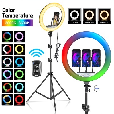 Anel de luz LED colorido em tripé com controle remoto e suporte para telemóvel