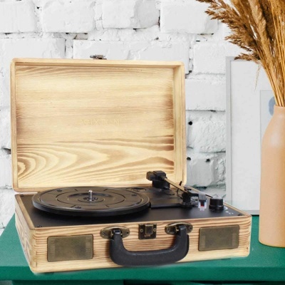 Cópia de Gira discos portátil mala em madeira ou pele Bluetooth e USB