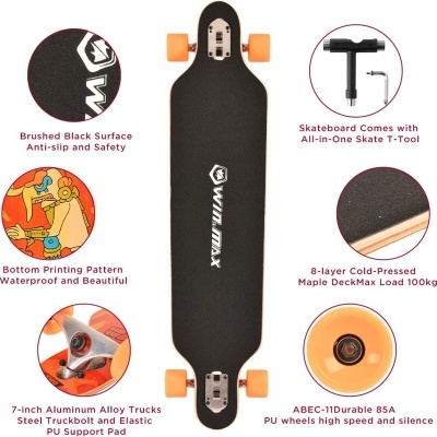 Longboard 23x104cm Skate Rolamentos ABEC-11