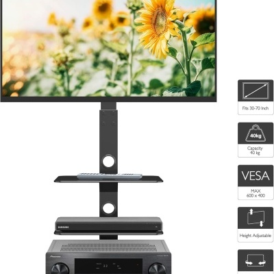 Suporte de TV de chão  30 a 70 polegadas até 40 kg, altura ajustável, prateleiras de vidro temperado de 3 níveis