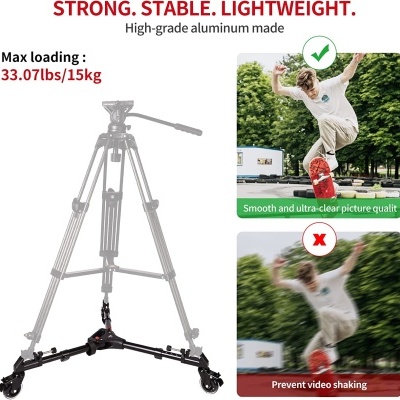 Tripé preto de alumínio com imagens de skate e texto sobre estabilidade e carga máxima