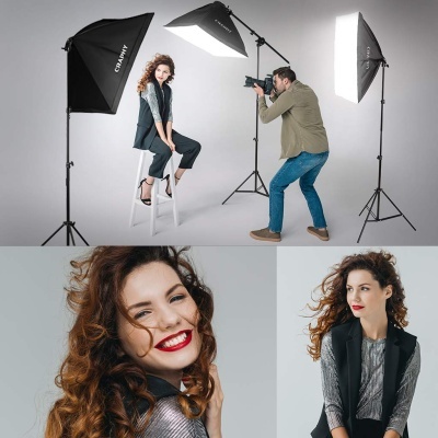 KIT estúdio fotografia com iluminação contínua e cenário 3 softboxes