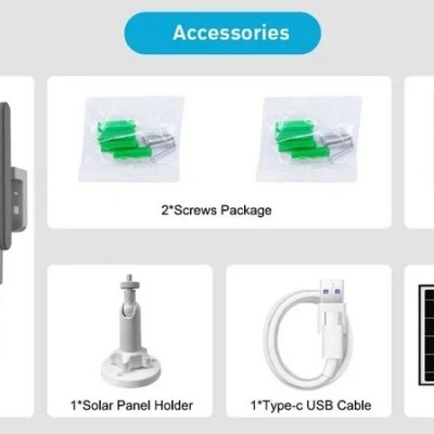 Conjunto de acessórios para câmara IP com câmara, parafusos, manual, suporte, cabo USB e painel solar
