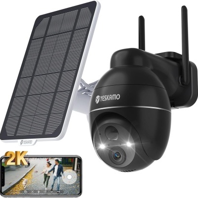 Câmara vigilância preta 360º áudio bidirecional solar rotativa 2K wi-fi PTZ