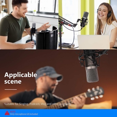 Microfone condensador + acessórios e fonte de alimentação