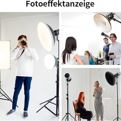 Estúdio fotográfico com equipamentos de iluminação e pessoas fotografando e posando