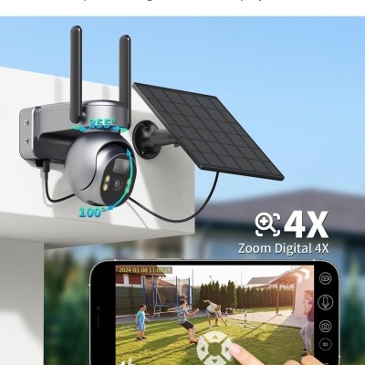 Câmara de segurança com painel solar e telemóvel mostrando vídeo de crianças a jogar.
