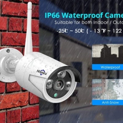 Câmara de segurança branca Hiseeu à prova de água montada numa parede vermelha