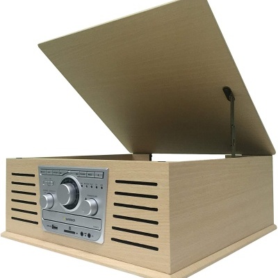 Gira discos cor madeira com encoding, Bluetooth, leitor CD, cartão memória