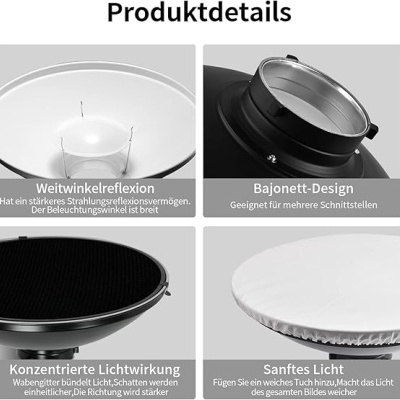 detalhes do produto de iluminação com imagens de reflexão, design baioneta, malha concentradora e difusor branco