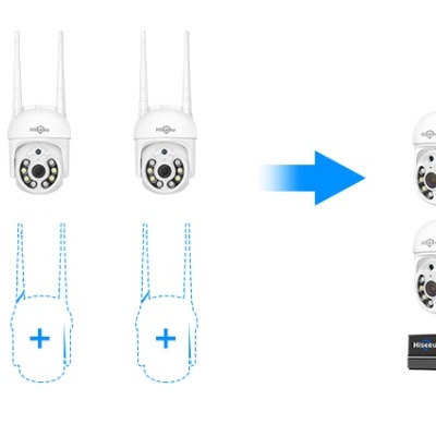 Quatro câmaras de segurança brancas antes e depois de montagem numa base negra com oito câmaras e antenas