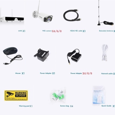 Componentes de sistema de vigilância com câmara WiFi, gravador NVR, cabos, adaptadores e acessórios