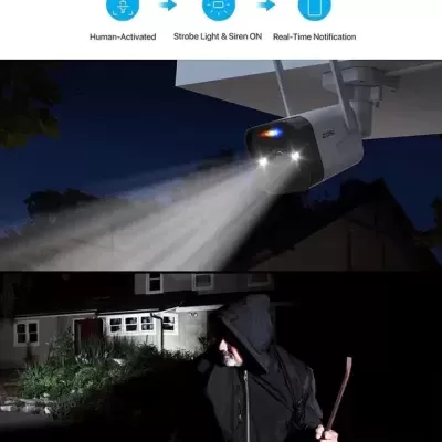 Câmara de segurança com luz estroboscópica iluminando um indivíduo à noite